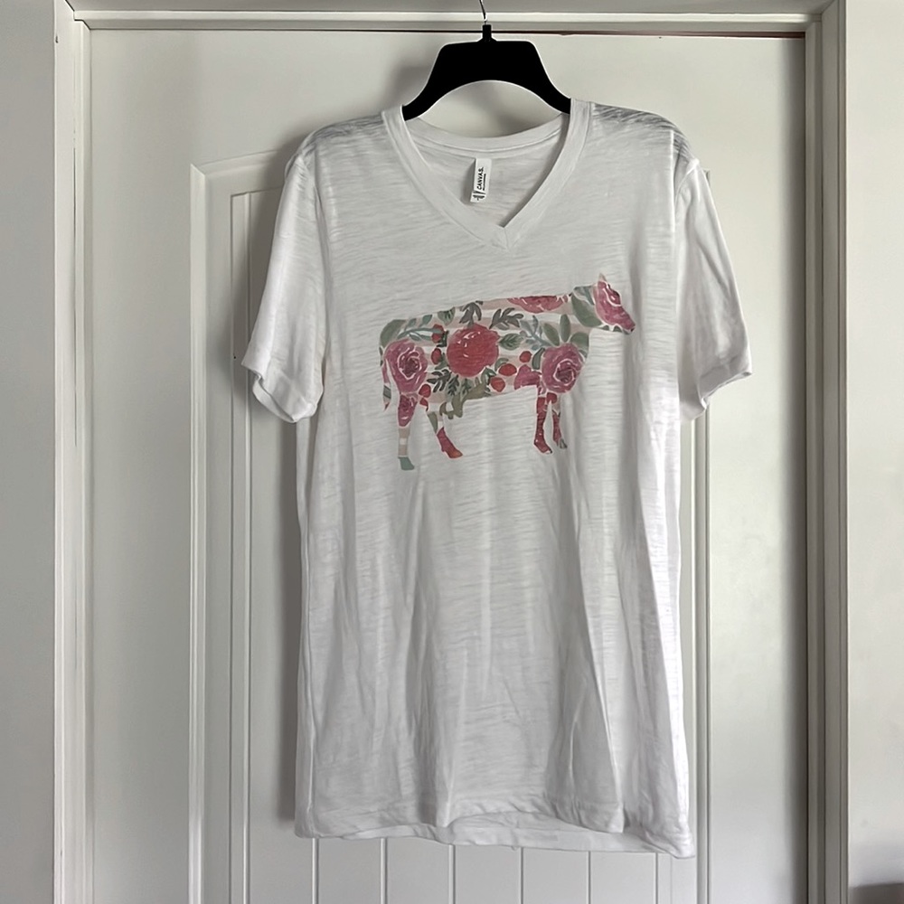 V neck Bella Canvas Tee with Floral Cow Design